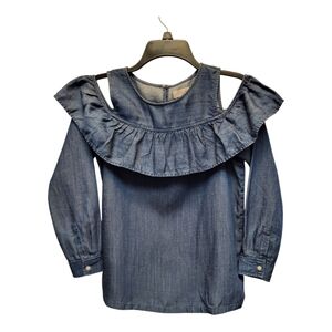 LOFT Blue Denim Ruffled Collar Blouse with Cold Shoulder Design - Size XSP